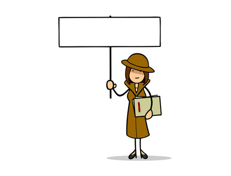 Cartoon Agentin oder Spion vom Nachrichtendienst mit Schild
