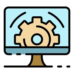 Gear on computer screen icon. Outline gear on computer screen vector icon color flat isolated