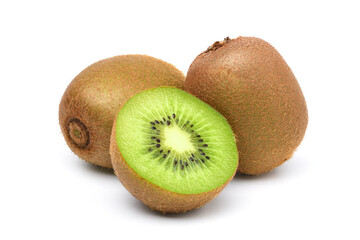 Kiwi fruit with cut in half isolated on white background.