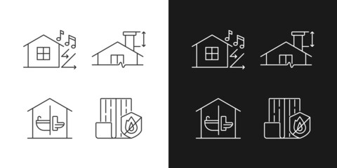 Home construction safety linear icons set for dark and light mode. Sound insulation. Minimum chimney height. Customizable thin line symbols. Isolated vector outline illustrations. Editable stroke