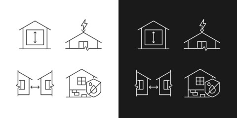 Building safe house linear icons set for dark and light mode. Minimum ceiling height. Distance between buildings. Customizable thin line symbols. Isolated vector outline illustrations. Editable stroke