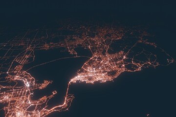 Qingdao aerial view at night. Top view on modern city with street lights