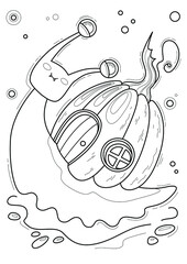 Cartoon page for coloring book with Halloween snail, hand-drawn vector illustration.