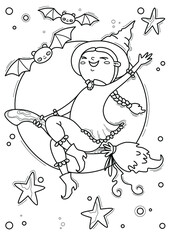 Cartoon page for coloring book with Halloween witch, hand-drawn vector illustration.