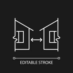 Minimum distance between buildings white linear icon for dark theme. Regulation for human dwelling. Thin line customizable illustration. Isolated vector contour symbol for night mode. Editable stroke