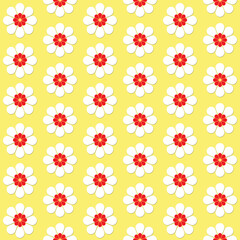 Seamless pattern of retro style white and red summer flowers on pastel yellow background