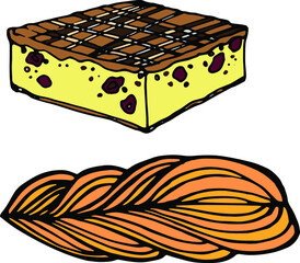 Vector hand drawn colored doodles sweeties, bakery elements, cheese pudding, baklava, confectionary