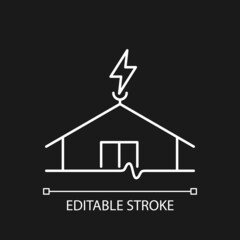 Lightning rod white linear icon for dark theme. Protecting buildings from lightning strike damage. Thin line customizable illustration. Isolated vector contour symbol for night mode. Editable stroke