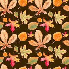 Bright autumn watercolor pattern on a brown background, various colorful maple, chestnut leaves.