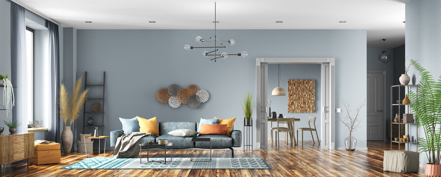 Interior design of modern apartment, living room and dining room. Home design. Panorama 3d rendering