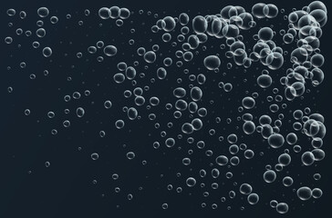 Transparent fizzy bubbles. Sparkles champagne. Fizzy pop and effervescent drink. Abstract fresh soda and air bubbles, oxygen, champagne crystal. Vector illustration on black background.