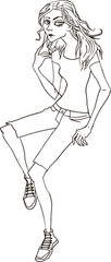 Linear drawing of a girl drawn by hand.minimalistic simplified image sporty fit girl in shorts and tank top. gymnast sports woman young attractive girlfriend. Outline clipart for coloring page