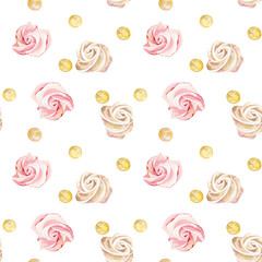Seamless pattern with watercolor birthday elements -flowers, crowns, one, balloons, cakes and little girls. Great for Baby, baby shower, birthday, Mother's Day, wedding, scrapbook, surface textures.