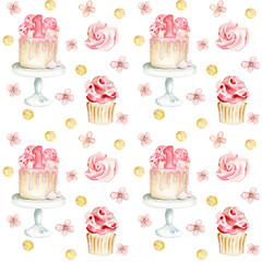 Seamless pattern with watercolor birthday elements -flowers, crowns, one, balloons, cakes and little girls. Great for Baby, baby shower, birthday, Mother's Day, wedding, scrapbook, surface textures.