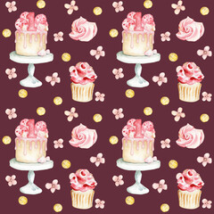Seamless pattern with watercolor birthday elements -flowers, crowns, one, balloons, cakes and little girls. Great for Baby, baby shower, birthday, Mother's Day, wedding, scrapbook, surface textures.
