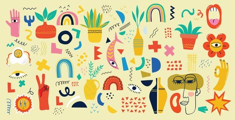 Big Set of Different colored Vector illustartion posters in Cartoon Flat design. Hand drawn Abstract shapes, funny Comic characters.