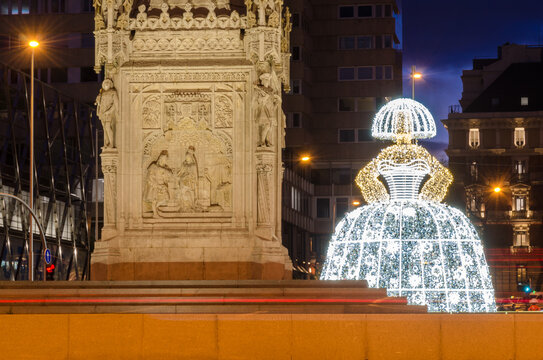 Illuminated Menina at Christmas in Madrid, Spain.