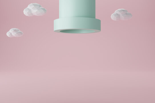 Minimal scene yellow, green ,blue water pipe and white cloud on pink background.3D Render illustration with shallow depth of feild. Use For Product Showcase.pastel color Tone. Cute color. 