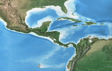 Physical map of Central America and Caribbean. Flattened satellite view of Planet Earth and its topography. 3D illustration - Elements of this image furnished by NASA