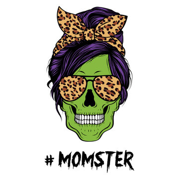 Mom Skull Momster Halloween with Leopard Print Hair Band Collection