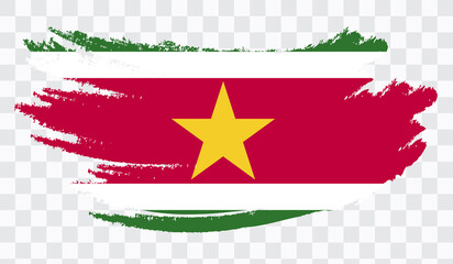 Grunge brush stroke with  SURINAME national flag. Watercolor painting flag,poster, banner of the national flag. Style watercolor drawing. Vector isolated on transparent background.