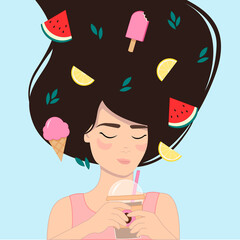 Creative concep vector illustration. Woman girl with fruits and icecream and takeaway coffee plastic disposable cup.