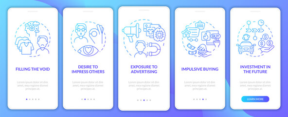 Naklejka premium Reasons for consumerism gradient blue onboarding mobile app page screen. Walkthrough 5 steps graphic instructions with concepts. UI, UX, GUI vector template with linear color illustrations