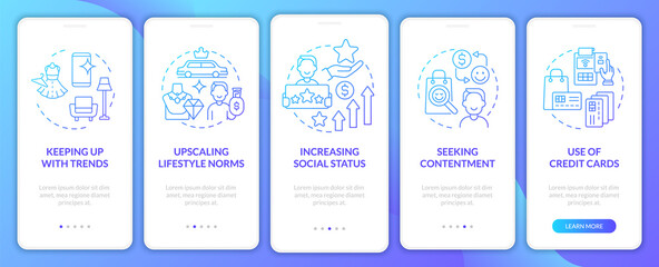 Naklejka premium Consumerism motivation gradient blue onboarding mobile app page screen. Purchasing walkthrough 5 steps graphic instructions with concepts. UI, UX, GUI vector template with linear color illustrations