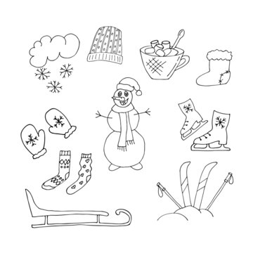Doodle painted set for the theme of the winter season-snowflakes, knitted socks, a cup of hot drink, winter sports. Drawings by hand. Winter theme, New Year, Christmas.Winter hobbies.