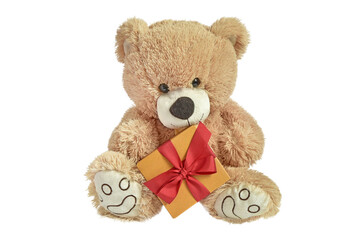 brown shaggy baby bear with a gift on a white background. Toy with a box and a red ribbon. Presentation of the gift. Clipart. Design element