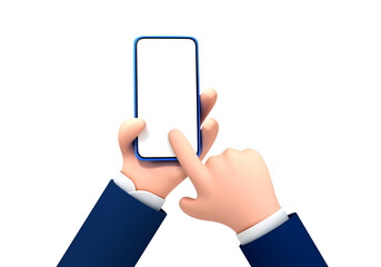 Vector cartoon hand holding and touching phone mockup template. Cartoon hands with smartphone, scrolling or searching for something, isolated on white background.