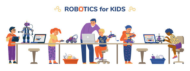 Robotics for kids horizontal vector banner. Children with teacher engineering and programming robots.