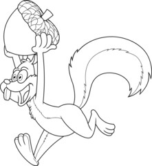Outlined Happy Squirrel Cartoon Mascot Character Running With Acorn. Vector Hand Drawn Illustration Isolated On Transparent Background