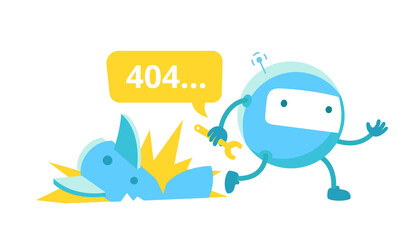 Round robot broken. Rocket crash. Repairs service. Page not found error 404. Critical error. Support service-center repair. Vector flat.