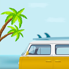 Bus with surfboard on background of palm trees. vector illustration.