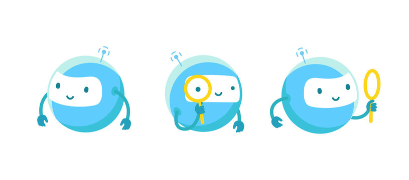 Round robots with magnifying glass. Loupe search. Vector illustration.