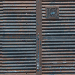 An old corrugated metal door of a cargo elevator or container with traces of rust and corrosion. 3D-rendering.