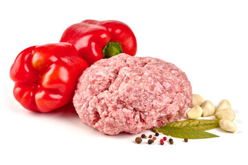 Fresh pork minced meat, isolated on white background.