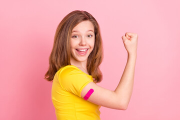 Profile side photo of young girl happy positive smile show arm muscles plaster healthcare isolated...