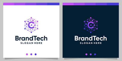 Blockchain technology abstract logo gradient with initial letter logo. Premium Vector