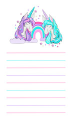 cute unicorn on a white background. sheet for notes