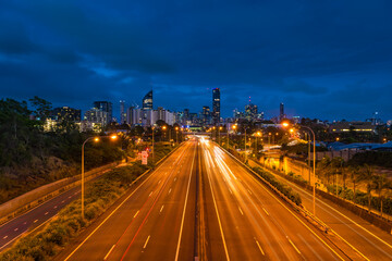 Brisbane City, Queensland Australia Downtown Region Freeway Highway Lights streaks cars vehicle headed to city