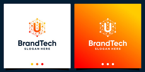 Blockchain technology abstract logo gradient with initial letter logo. Premium Vector