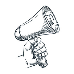 Hand holding loudspeaker. Vector hand drawn sketch illustration. Megaphone doodle icon. Advertisement, marketing concept - 458512191