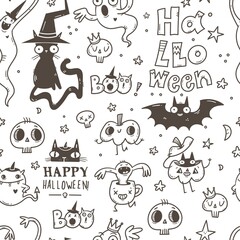 Halloween doodle seamless pattern on white background. Cartoon horror funny characters. Wallpaper with line art monsters.