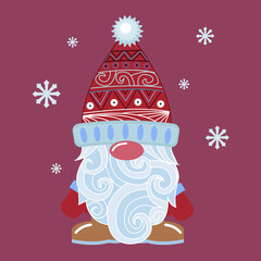 Santa Claus in a big hat with a beard is decorated with carved patterns