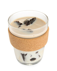 Glass of milk with grass jelly isolated on white