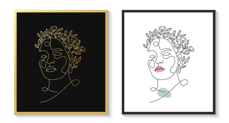 Vector minimalist style continuous one line art portrait. Line flower, woman Hand drawn abstract feminine print. Use for wall decor, beauty logo, poster illustration, card, t-shirt print 