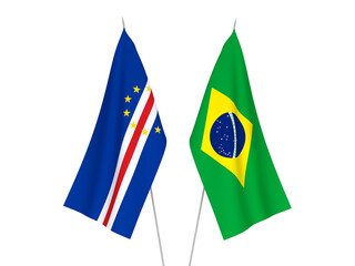 National fabric flags of Brazil and Republic of Cabo Verde isolated on white background. 3d rendering illustration.