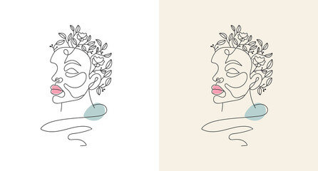 Vector minimalist style continuous one line art portrait. Line flower, woman Hand drawn abstract feminine print. Use for wall decor, beauty logo, poster illustration, card, t-shirt print 